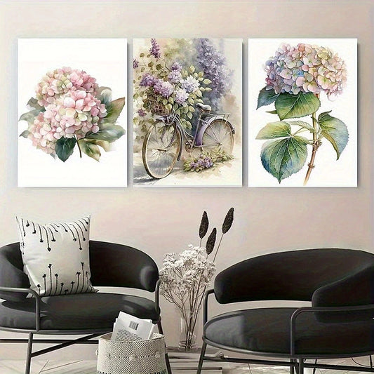 3pcs Hydrangea and Bicycle Watercolor Metal Print Ready to Hang Art