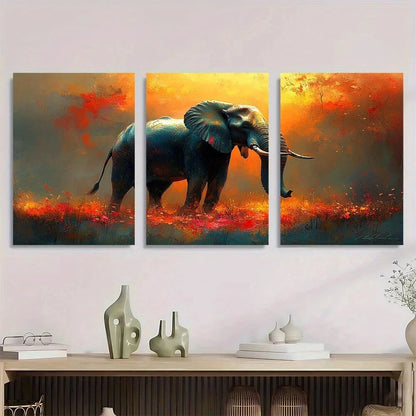 3pcs Abstract Elephant Vibrant Orange & Blue Metal Print Ready to Hang Art