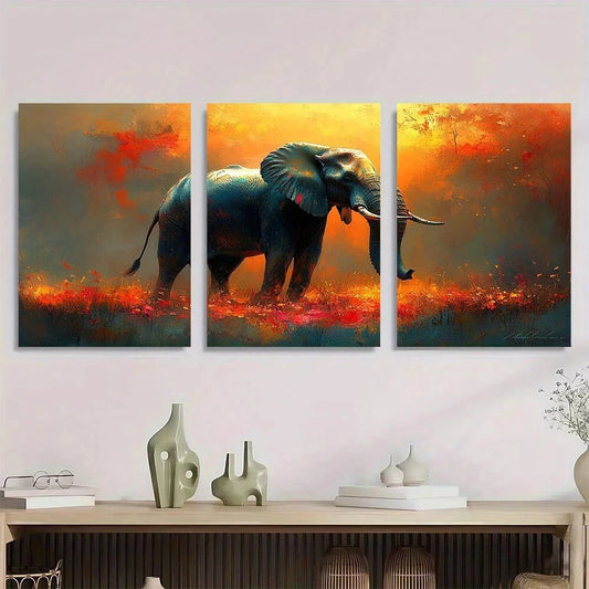 3pcs Abstract Elephant Vibrant Orange & Blue Metal Print Ready to Hang Art