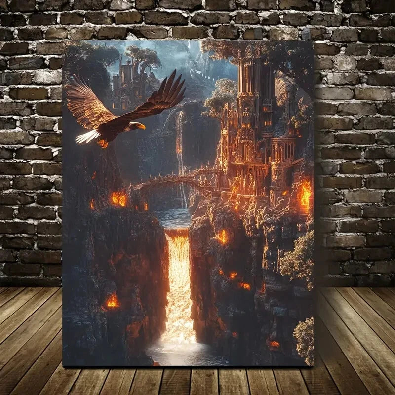 Steampunk Eagle & Waterfall Vibrant Eagle Painting  40x60cm Metal Print Ready to Hang