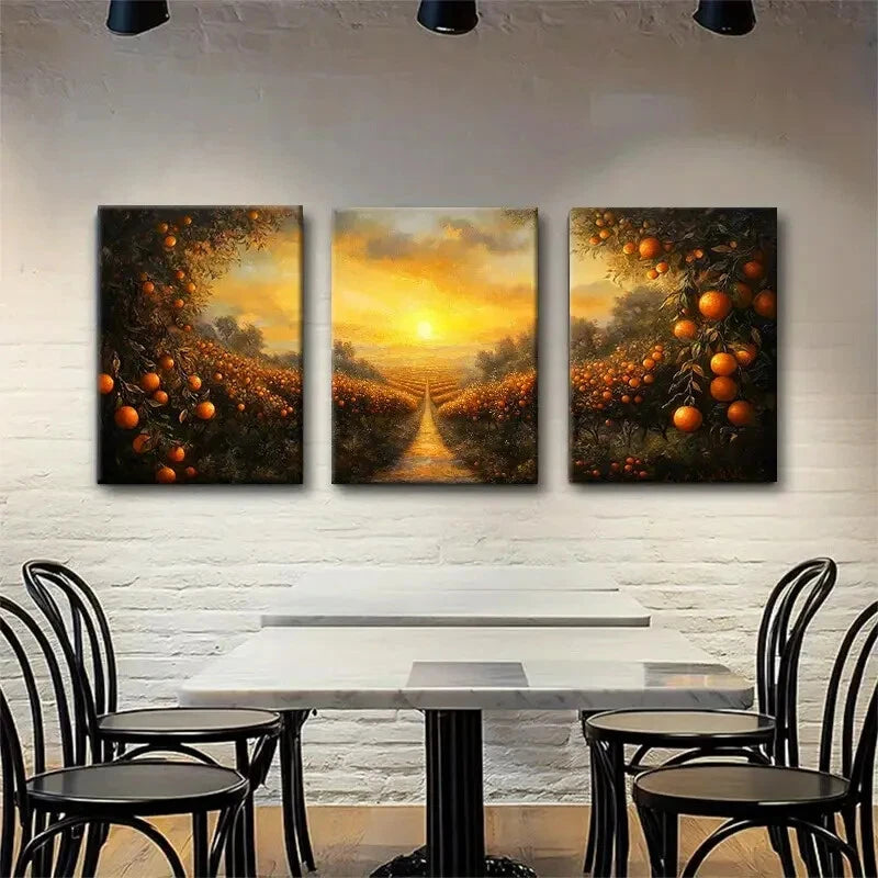 3pcs Golden Sunset View with Lush Fruit Trees Metal Print Ready to Hang Art