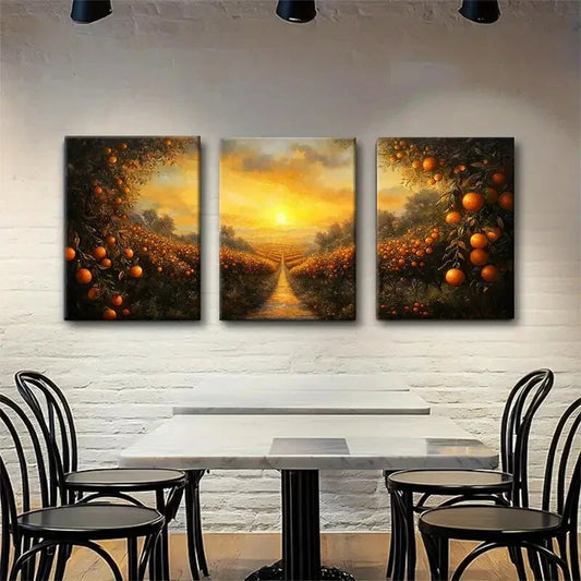 3pcs Golden Sunset View with Lush Fruit Trees Metal Print Ready to Hang Art