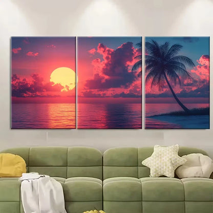 3pcs Vibrant Sunrise Palm Tree Metal Print Ready to Hang Art