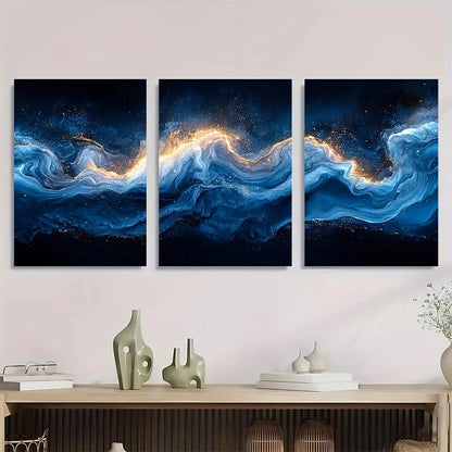 3pcs Abstract Blue & White Wave Metal Print Ready to Hang Art