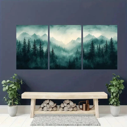 3pcs Misty Evergreen Landscape Art Metal Print Ready to Hang Art