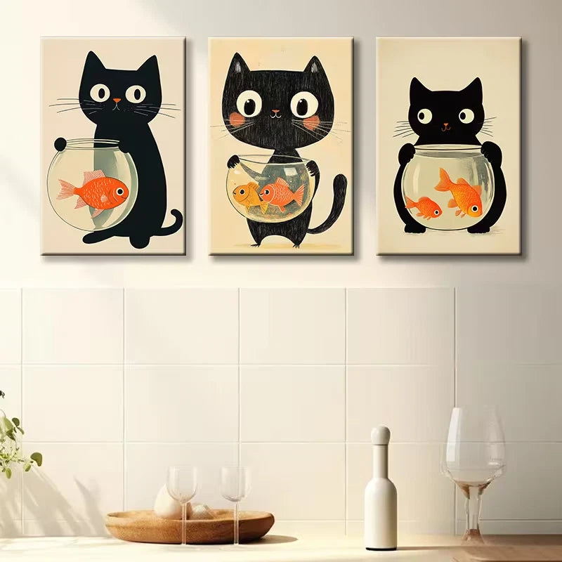 3pcs Black Cat and Fish Tank Illustration Wall Art Set Canvas Framed 50x70cm - High Quality Print 100% Australian Made Wall Canvas Ready to Hang