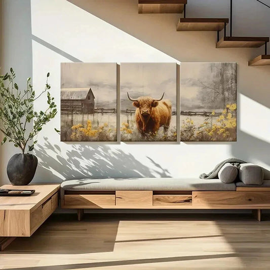 3pcs Highland Cow Landscape Farmhouse Metal Print Ready to Hang Art