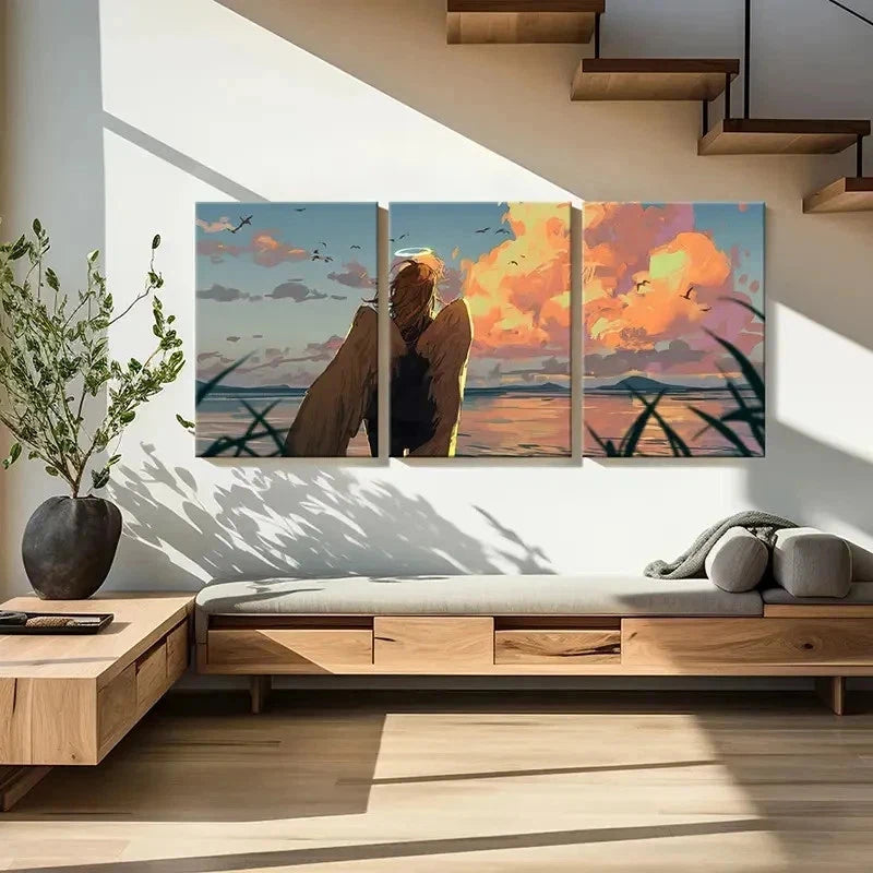 3pcs Anime Angel at Sunset Beach Scene Wall Art Set Canvas Framed 40x60cm - High Quality Print 100% Australian Made Wall Canvas Ready to Hang