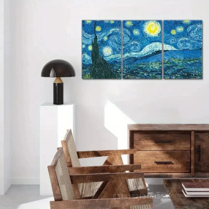 3pcs Blue & Yellow Swirling Night Sky Painting Metal Print Ready to Hang Art