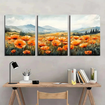 3pcs Orange Poppy Wildflower Watercolor Metal Print Ready to Hang Art