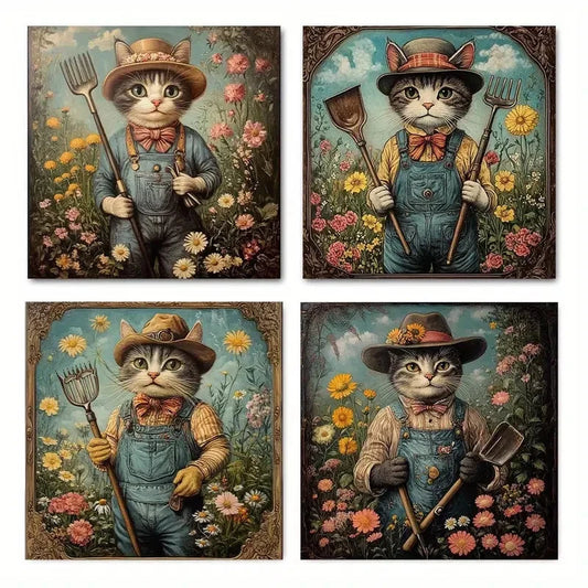 4pcs Vintage Cat GardenerWall Art Canvas Framed