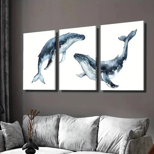 3pcs Blue Nautical Marine Life Whale Decor Wall Art Set Canvas Unframed - High Quality Print 100% Australian Made Wall Canvas