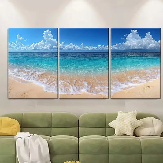 3pcs White Sand Blue Ocean Metal Print Ready to Hang Art