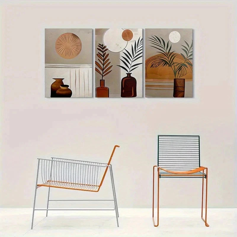 3pcs Abstract Plant Vase Sunset Theme Metal Print Ready to Hang Art