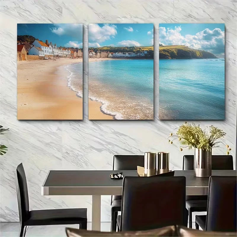 3pcs Blue Skies Over Looe Beach England Metal Print Ready to Hang Art