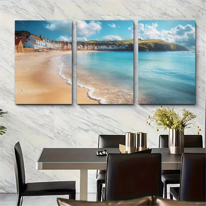 3pcs Blue Skies Over Looe Beach England Metal Print Ready to Hang Art