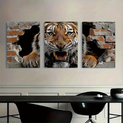 3pcs Tiger Breaking Through Brick Wall Metal Print Ready to Hang Art