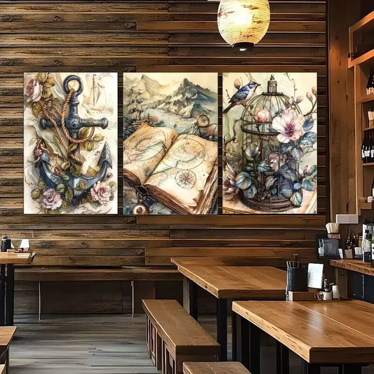 3pcs Vintage Nautical & Floral Decor Wall Art Metal Print Ready to Hang Art