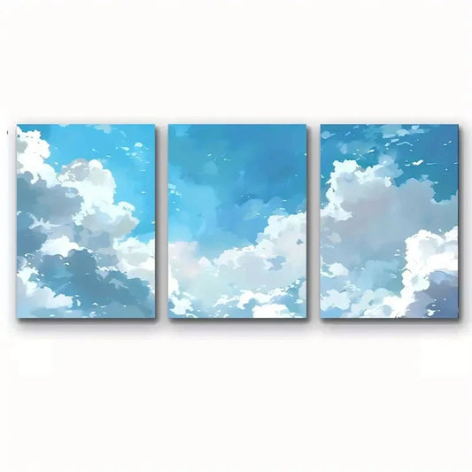 3pcs Painting Blue Sky & White Clouds Metal Print Ready to Hang Art