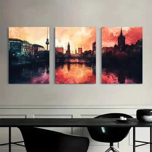 3pcs Berlin Watercolor Vibrant Cityscape Metal Print Ready to Hang Art