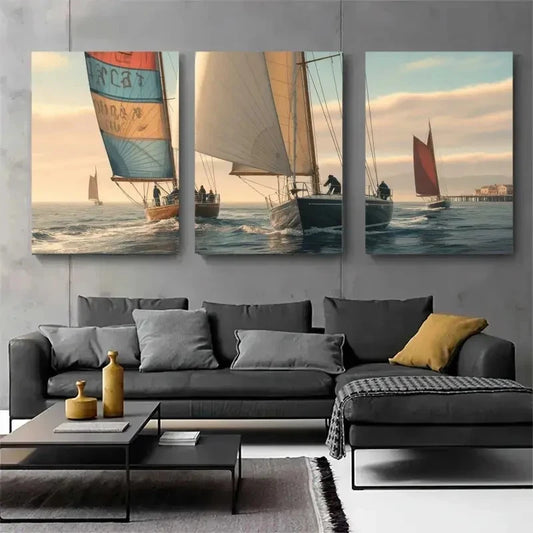 3pcs Sailboats Seascape Decorations Painting Metal Print Ready to Hang Art