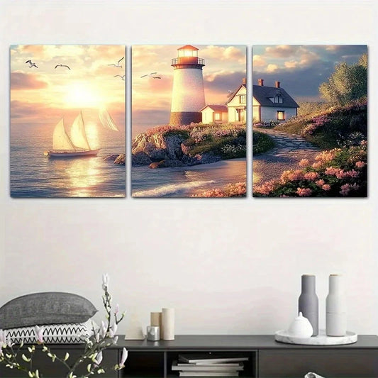 3pcs Lighthouse & Sailboat Sunset Scene with Birds Metal Print Ready to Hang Art