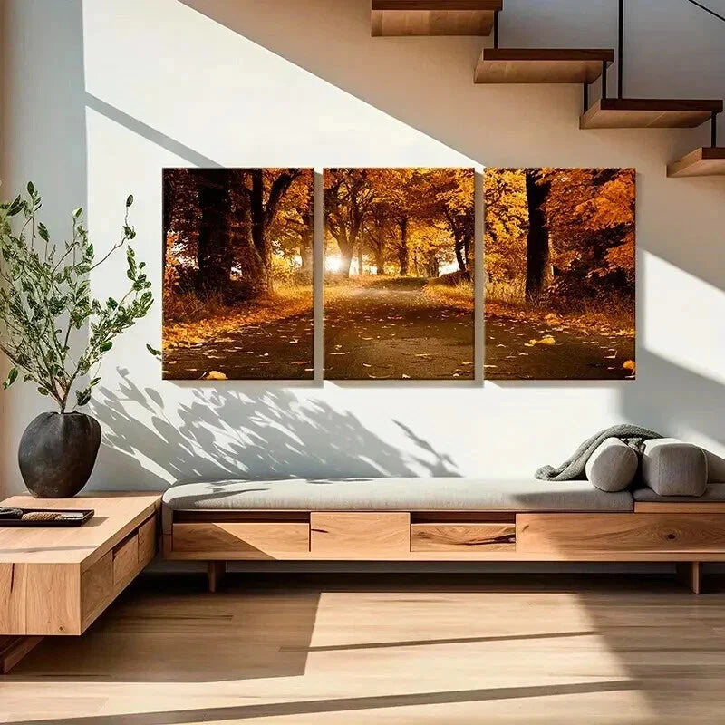 3pcs Path Strewn with Fallen Leaves Wall Art Set Canvas Framed 40x60cm - High Quality Print 100% Australian Made Wall Canvas Ready to Hang