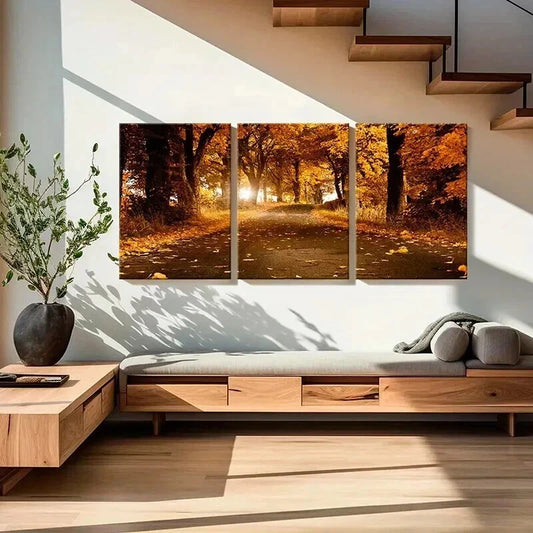 3pcs Path Strewn with Fallen Leaves Wall Art Set Canvas Framed 40x60cm - High Quality Print 100% Australian Made Wall Canvas Ready to Hang