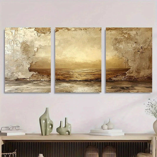 3pcs Abstract Artistic Beige Texture Painting Metal Print Ready to Hang Art