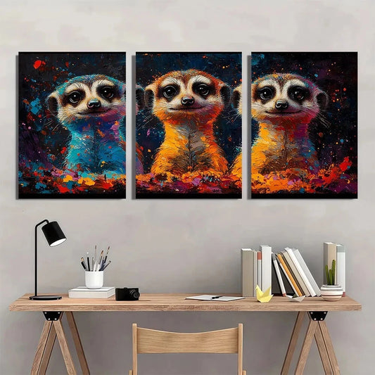 3pcs Colorful Meerkats Animal Abstract Metal Print Ready to Hang Art