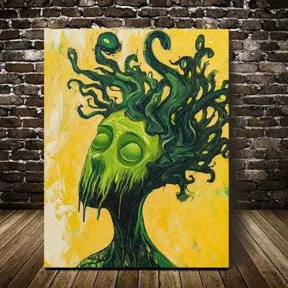 Featuring an Abstract Green Haired Monster Painting 40x60cm Metal Print Ready to Hang