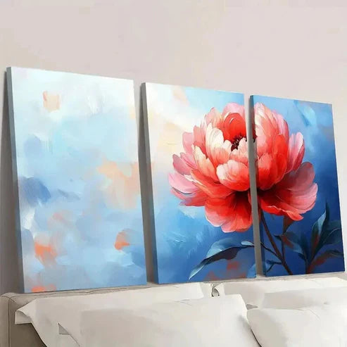 3pcs Blue & Orange Peony Floral Background Wall Art Canvas Unframed - High Quality Print 100% Australian Made Wall Canvas