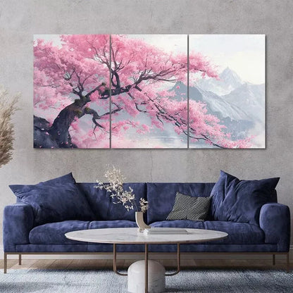 Cherry Blossom Tree Mountain Scenery 3 Piece Canvas Framed 60x90cm - High Quality Print 100% Australian Made Wall Canvas Ready to Hang