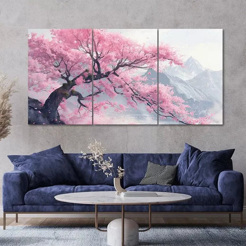 Cherry Blossom Tree Mountain Scenery 3 Piece Canvas Framed 60x90cm - High Quality Print 100% Australian Made Wall Canvas Ready to Hang