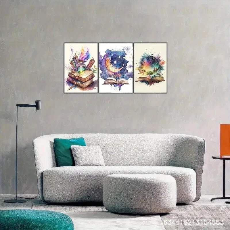 3pcs Books Magical Books Moon and Planets Metal Print Ready to Hang Art