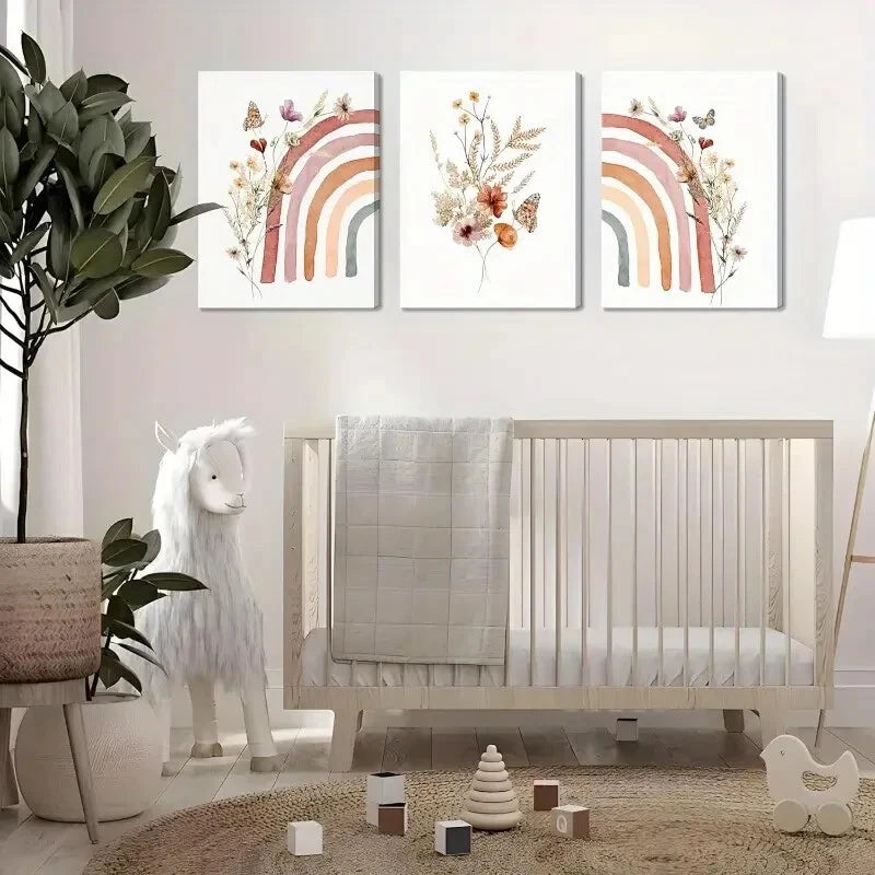 3pcs Rainbow Cute Boho Wildflowers Paintings Metal Print Ready to Hang Art