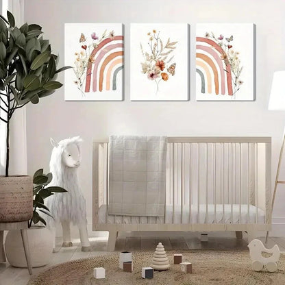 3pcs Rainbow Cute Boho Wildflowers Paintings Metal Print Ready to Hang Art