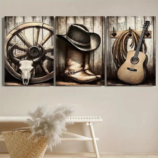 3pcs Vintage Cowboy Boots Wheel Guitar and Hat Metal Print Ready to Hang Art