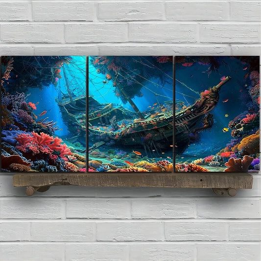 3pcs Ocean Shipwreck Vibrant Marine Life Metal Print Ready to Hang Art