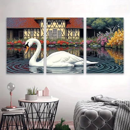 3pcs White Swan & Floral Cottage Scene Wall Art Set Canvas Framed 60x90cm - High Quality Print 100% Australian Made Wall Canvas Ready to Hang