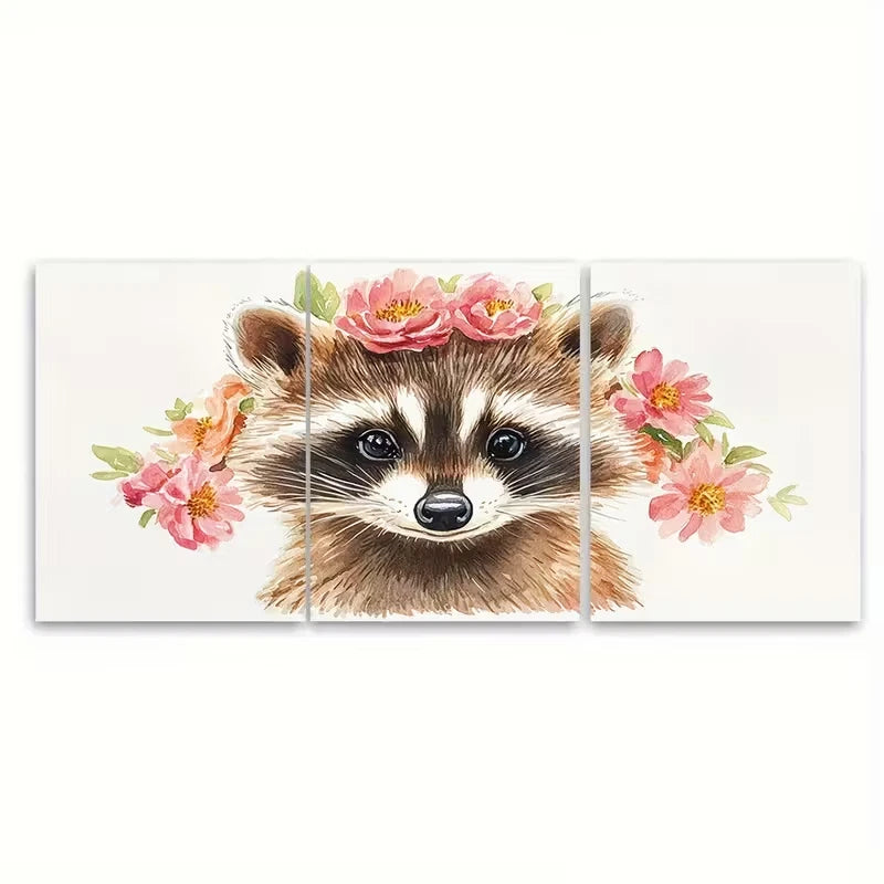 3pcs Adorable Raccoon Watercolor Metal Print Ready to Hang Art