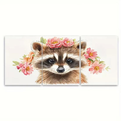 3pcs Adorable Raccoon Watercolor Metal Print Ready to Hang Art