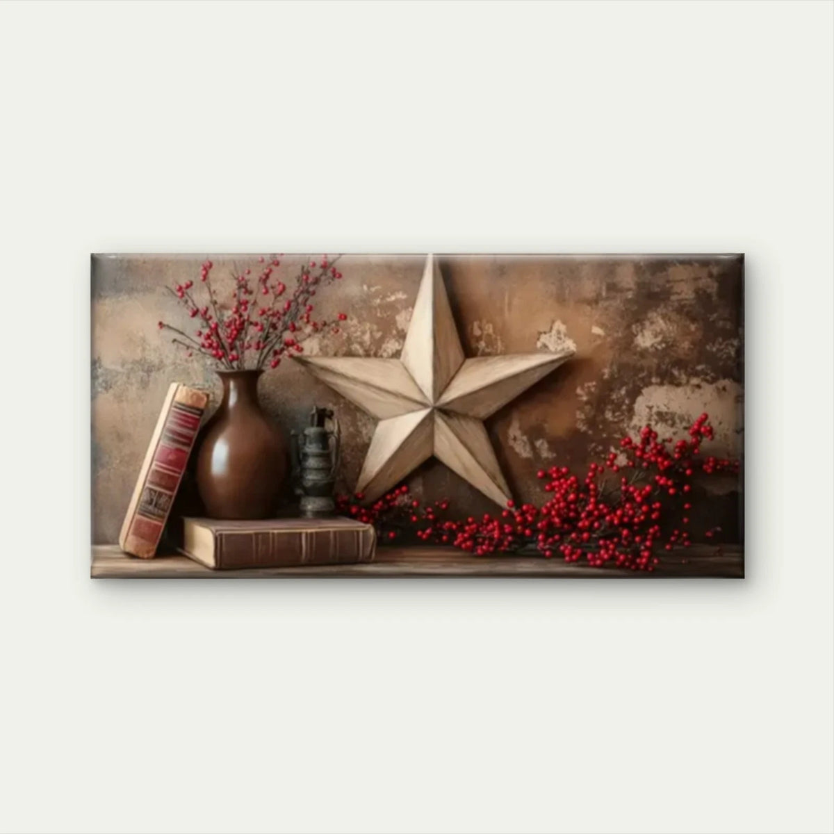 Rustic Star Vase Red Floral Wall Art Canvas Office Home Room Framed 120x60cm