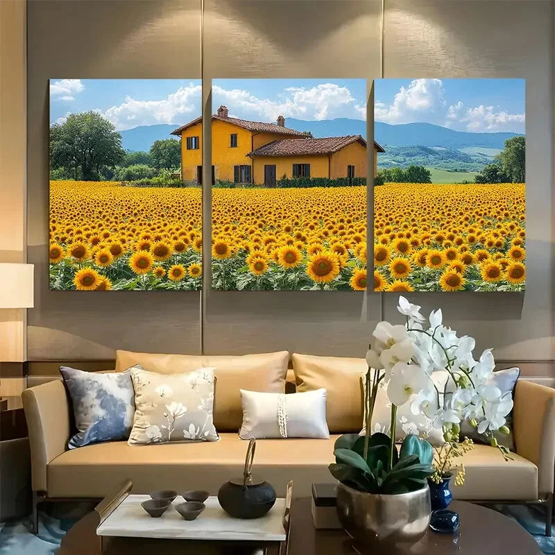 3pcs Sunflower Fields Painting Italian Countryside Metal Print Ready to Hang Art