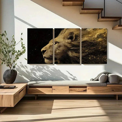 3pcs Lion Profile Art Golden Dust Effect Metal Print Ready to Hang Art
