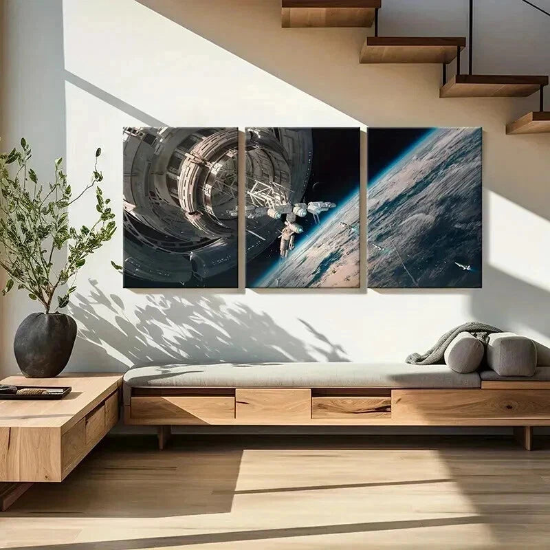 3pcs Spacecraft Satellite and Earth View Wall Art Set Canvas Framed 40x60cm - High Quality Print 100% Australian Made Wall Canvas Ready to Hang