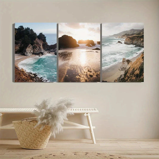 3pcs Coast Huge Waves Painting Metal Print Ready to Hang Art