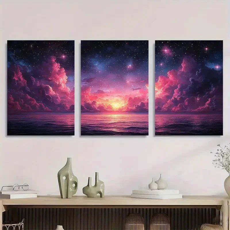 3pcs Starry Sky Cosmic Clouds & Ocean Waves Metal Print Ready to Hang Art