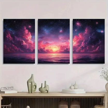 3pcs Starry Sky Cosmic Clouds & Ocean Waves Metal Print Ready to Hang Art