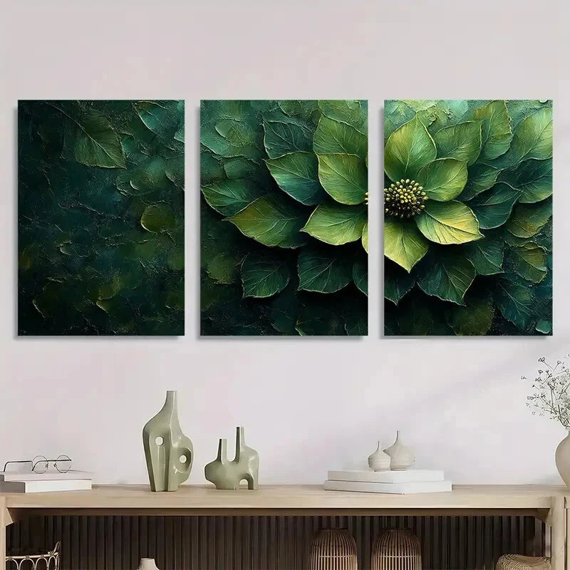 3pcs Abstract Green Leaves & Blooms Flower Metal Print Ready to Hang Art